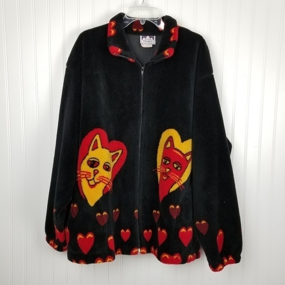 Vintage Polar Magic Fleece Jacket Black Novelty Y2K Canada Cats Hearts Size XL - Picture 3 of 11